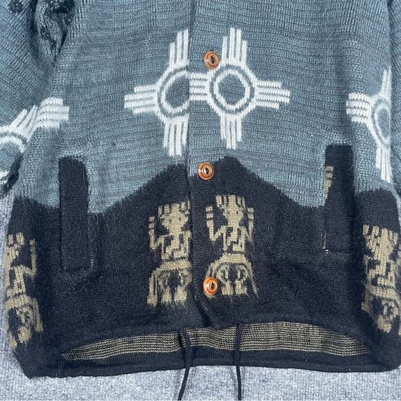Vintage RUMINAHUI Men’s Large Blue Aztec Wool Button Hooded Cardigan Sweater - Picture 4 of 14